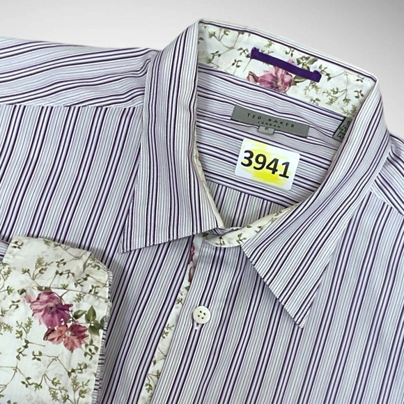 Ted Baker Other - Men's Ted Baker Shirt Sz 5 White‎ Purple Striped Button Up Long Sleeve 10/12-XL